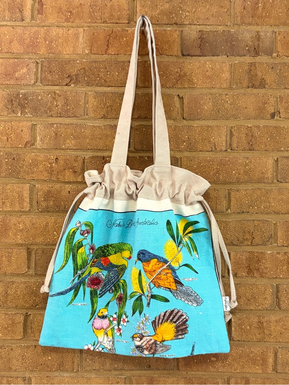 Native Birds of Australia / Linen Drawstring Tote Bag  / Handmade, Vintage Print